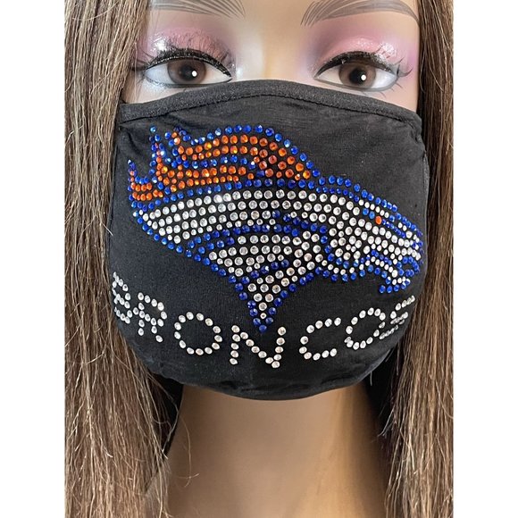 Denver Broncos Bling Rhinestone Face Mask Front Logo Clear Letters - Picture 3 of 10
